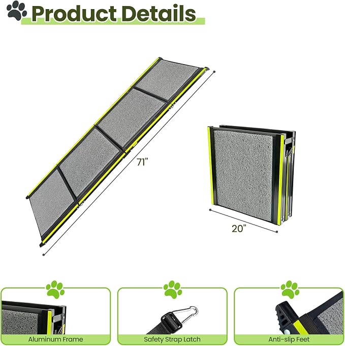 Hassky Dog Ramp for Cars - 70" L × 20" W with Reflective Strip | Foldable Non-Slip Pet Ramp for SUV Trunk Vehicle, Heavy Duty for Large & Senior Dogs, Indoor & Outdoor Universal Use