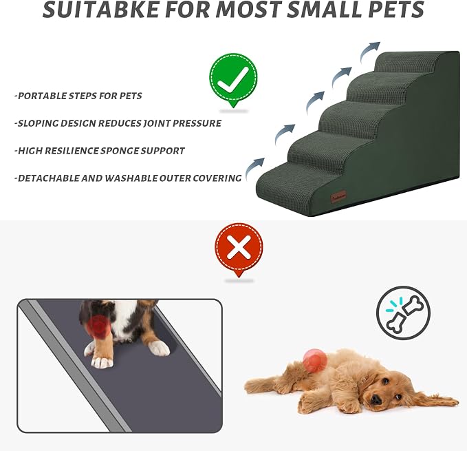 Aodisman Dog Stairs for High Bed,5-Step Pet Ramp for Small Dogs and Cats | 22.2" H Dog Steps for Bed with High-Density Foam, Help Olders,Short-Legged Dogs,Puppy and Cats Get on Beds Easily,Grey,Green
