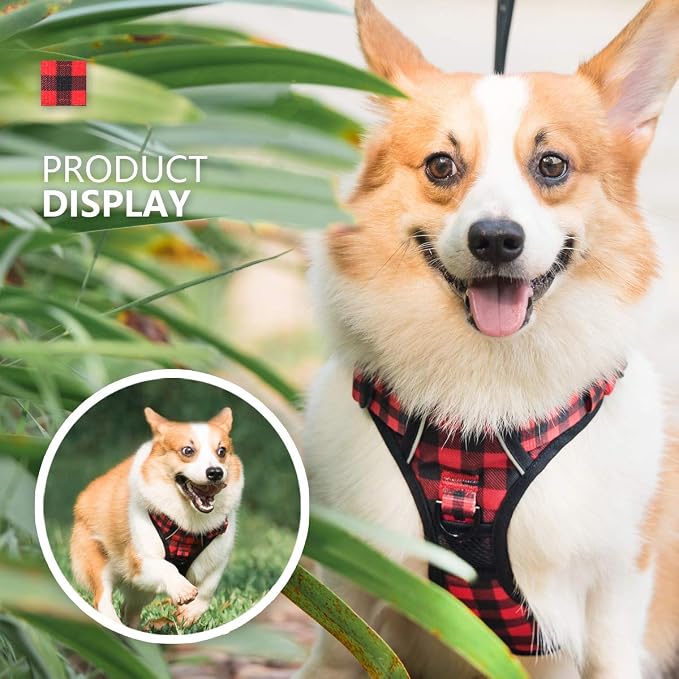PoyPet Plaid Dog Harness Large, No Pull Vest with Front Clip & Neck Buckle | Padded Handle, Reflective, No Choke, Lockable, 2 Leash Rings, Full Adjustable, for Training Walking, L, Checkered Red