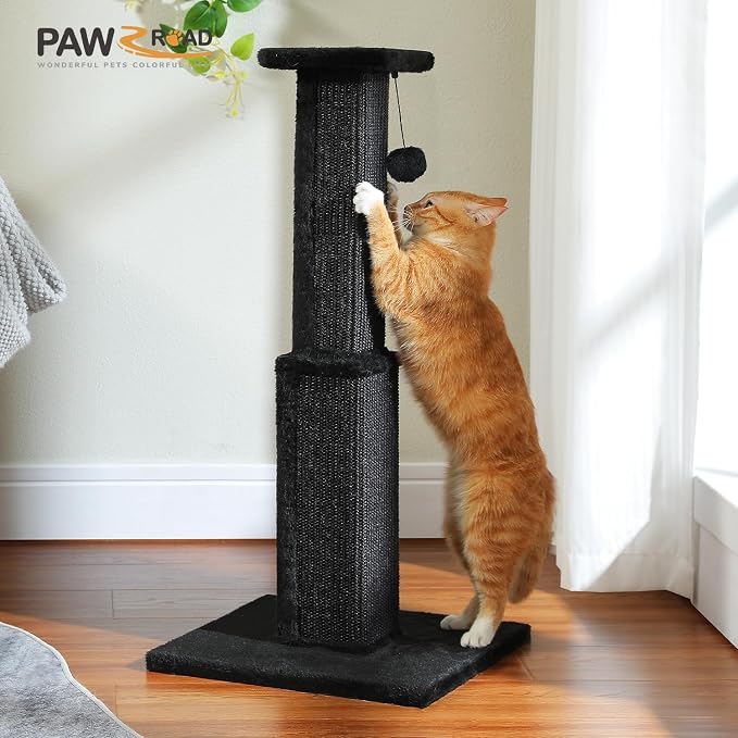 PAWZ Road Large Cat Scratching Post 32” Tall Black Scratching Post for Indoor Cats Adults Ultimate Scratch Post with Woven Sisal, Large Base and Removable Dangling Ball- Black | Heavy Duty Cat Post with 16x16”Large Base Covered Sturdy Woven Sisal Scrat...