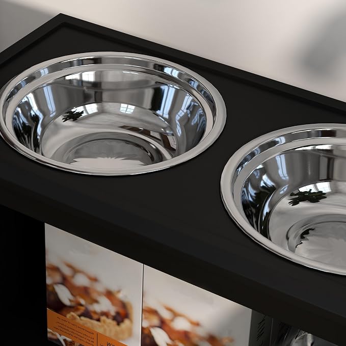 PawHut Large Elevated Dog Bowls with Storage Cabinet - 37L Capacity, Raised Dog Bowl Stand Feeding Station, Black | Raised Dog Bowl Stand Pet Food Bowl Dog Feeding Station