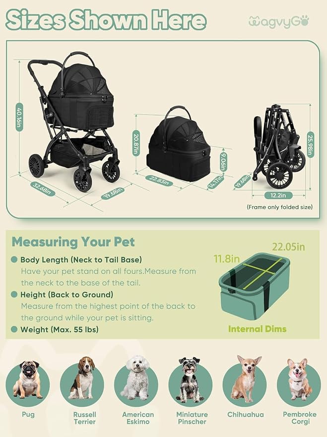 Small Dog Stroller, Pet Stroller for Small Dogs, 5-in-1 Dog Strollers - Fold All in One Without Detaching Carrier, Pet Strollers with Removable Waterproof Carrier for Dogs Cats 10 lbs 20 lbs, Black