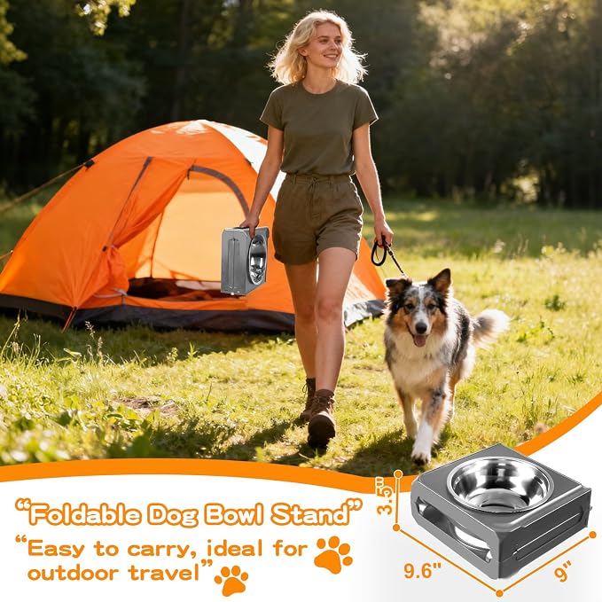 COMESOON Elevated Dog Bowls, 5 Adjustable Heights (3.9"-13.4") Raised Dogs Food Bowl Stand for Medium Large Sized Dogs, Non-Slip Foldable Travel Pet Feeder Grey with Stainless Steel Bowls