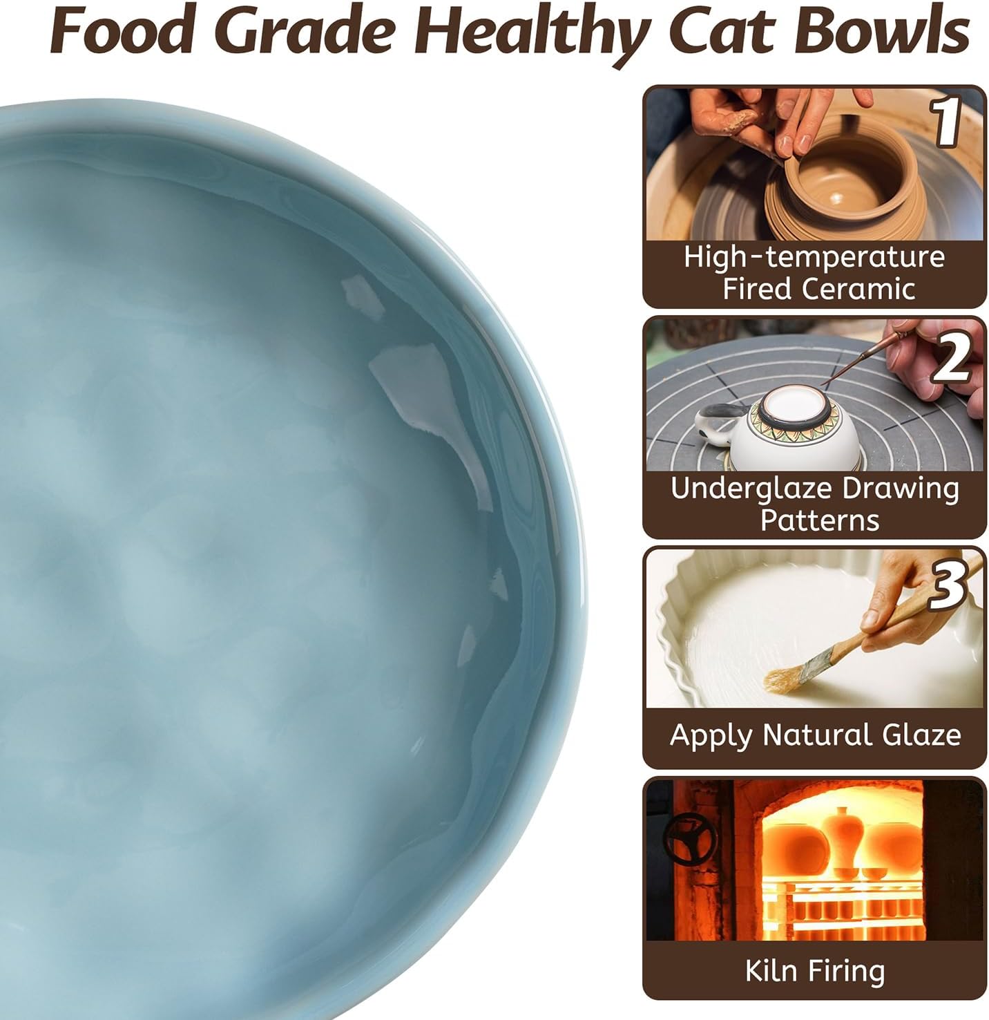 Non-Slip Cat Food Bowl,Healthy Ceramic Cats Bowls with Silicone Bottom, Anti-Whisker Fatigue Cat Dishes Set, Shallow & Wide Kitten Plates for Food and Water, 4 Pack