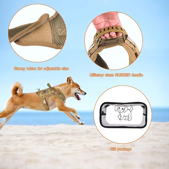 Tactical Dog Harness, No-Pull K9 Working Dog Vest with Rubber Handle, Military Service Dog Harness with MOLLE System & V-Ring for Large Medium Dogs, Khaki, M