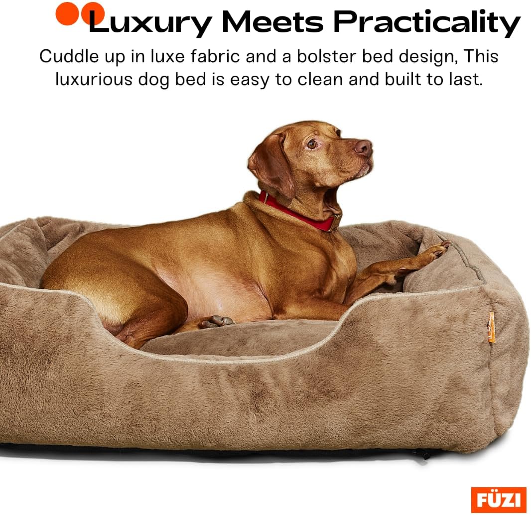 FUZI Luxury Aesthetic Dog Bed for Medium Dogs with Washable Cover, Pet Couch, Pet Bed with Sides, Non-Slip Bottom, Soft and Durable Calming Dog Bed, Faux Rabbit Fur, Medium 31.75x23.6x9.5 Light Brown