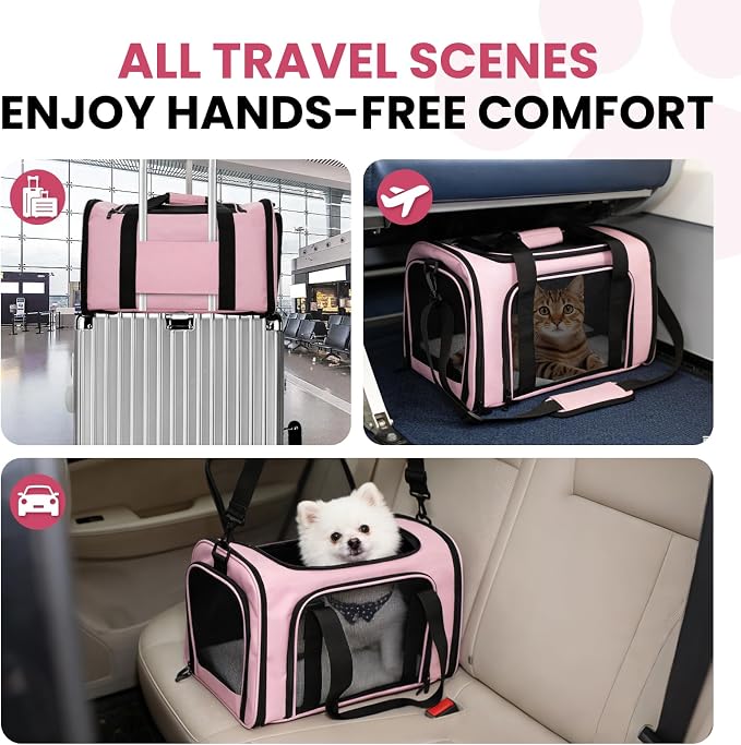 Soft-Sided Cat Carrier Expandable Pet Carrier Airline Approved Mesh Travel Carrier Up to 15lbs for Cats Small Dogs Collapsible Escape-Proof with Shoulder Strap Washable (18x11x11 Pink)
