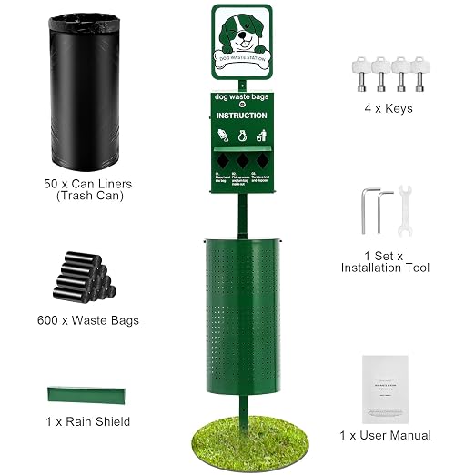 Happybuy Dog Waste Station, Commercial Pet Poop Station, 11.5 Gallon Waste Bin with 50 Can Liners, Bag Dispenser & 600 Waste Bags, Outdoor Dog Waste Disposal System for Backyard Use