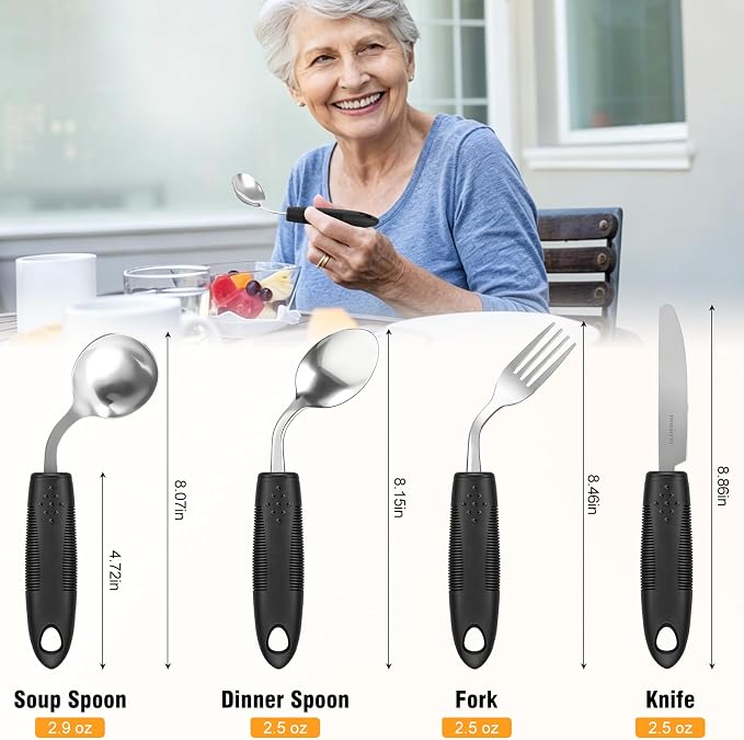45°Angled Adaptive Utensils for Elderly, 2.9 oz Weighted Silverware for Hand Tremors, 4 Pack Built Up Utensils for Adults,Weak Hand Grip & Arthritis (Left-Handed)