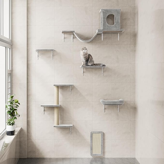 12-in-1 Cat Wall Shelves, Luxury Wall-Mounted Cat Climber Set with Condos House, Scratching Post, Bridge Ladder, Indoor Space-Saving Furniture for Kittens,Gray
