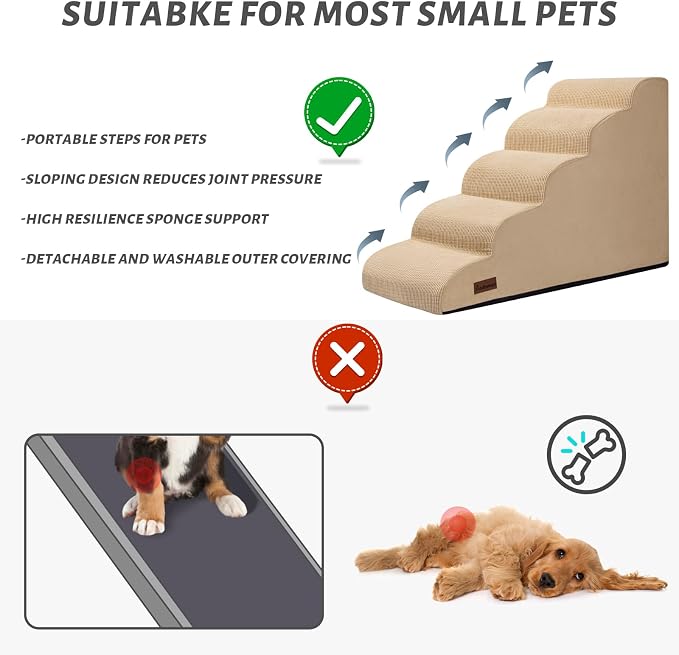 Aodisman Dog Stairs for High Bed,5-Step Pet Ramp for Small Dogs and Cats | 22.2" H Dog Steps for Bed with High-Density Foam, Help Olders,Short-Legged Dogs,Puppy and Cats Get on Beds Easily,Grey,Khaki