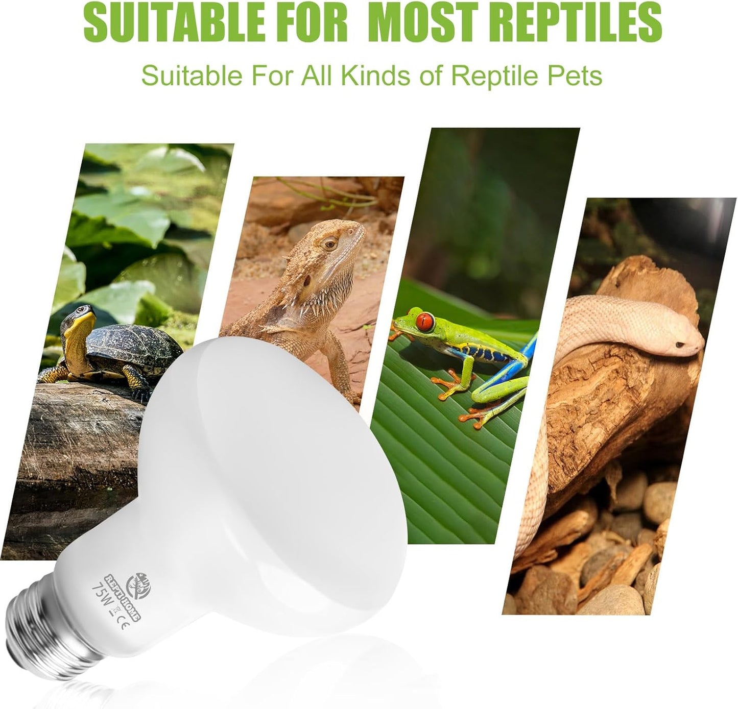 Reptile Heat Lamp Bulbs, Simulate Natural Sunlight Heat Light Bulb, 2 Pack 75W Amphibian Terrarium Basking Spot Lamp for Reptile, Bearded Dragon, Lizard, Turtle, Snake