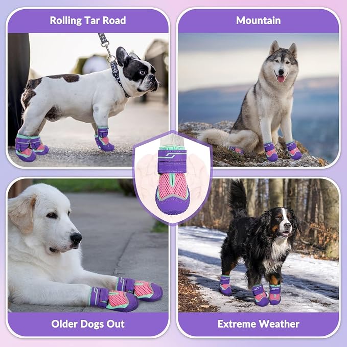 SlowTon Dog Shoes for Large Small Medium Dogs - Breathable Dog Boots for Summer Hot Pavement, Paw Protector for Outdoor Walking Winter Snow, Anti-Slip Rubber Dog Booties for Hardwood Floor (Purple, 7)