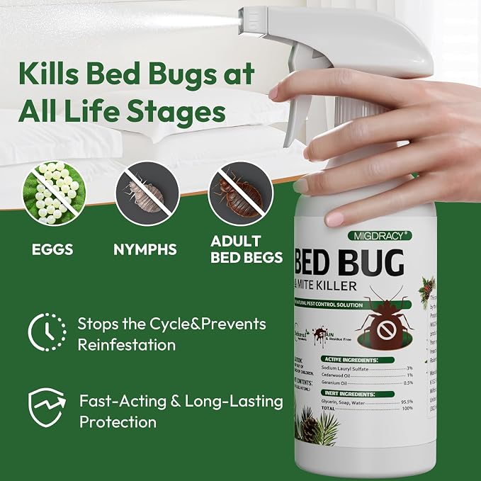 Natural Bed Bug Spray 16oz, Non-Toxic Sprayer, Plant-Based Bedbug & Dust Mite Repellent, Safe for Family & Pets, Fast-Acting Treatment for Bed Bugs, Mites