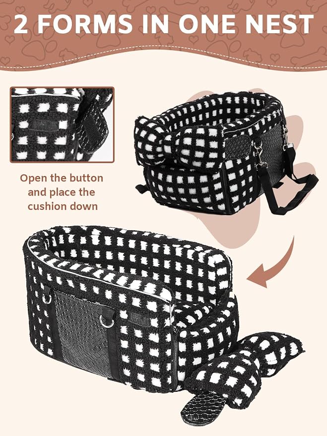 Prpeko Portable Dog & Cat Car Seat - Under 13 lbs, With Cozy Bow Neck Pillow (Grid-Black)