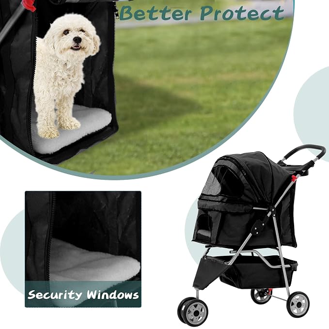 Pet Stroller for Small Medium Dogs & Cats,3-Wheel Breathable Compact Foldable Dog Carrier with Storage Basket, Outdoor Portable Lightweight Travel Stroller for Camping,Black