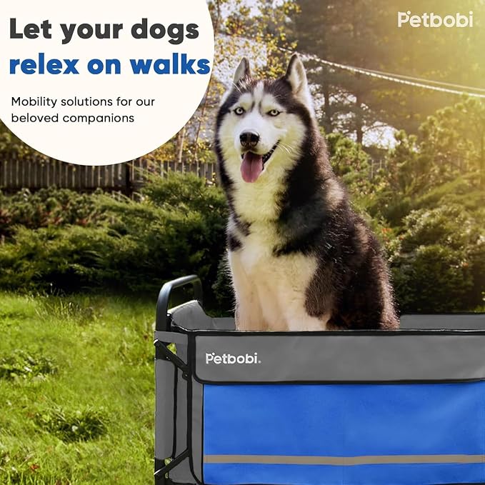 Petbobi Dog Wagon for Large Dogs, Push & Pull Foldable Pet Cart with Ramp | Fits Medium & Heavy Breeds Up to 80 lbs, 360° Swivel Stroller Wheels, Adjustable Handle, Foot Brake, Safety Leashes, Blue