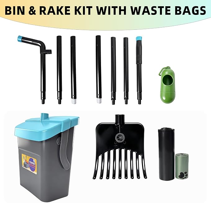 46" Pooper Scooper Swivel Bin & Rake for Large Small Dogs with Bag Attachment, Long Handle Poop Scooper with Lid for Yard (Blue)