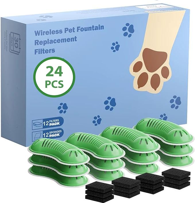 Cat Fountain Filter Replacement: 24 Pet Fountain Filter - 12 Carbon Filters & 12 Foam Filters - Suitable for GOOIFUN Cordless Pet Fountain W3(B0FND4DZZY)