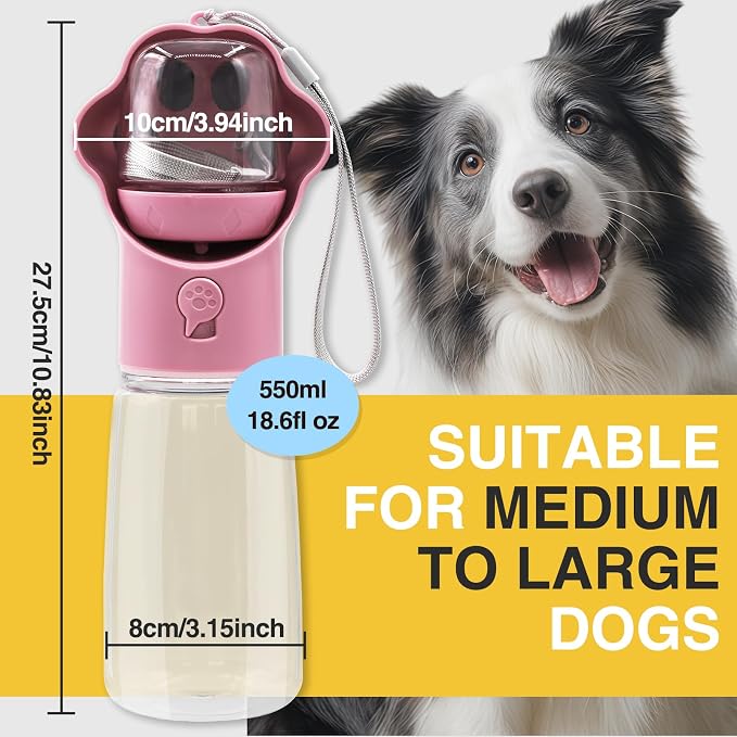 Dog Water Bottle with Food Container, Portable Pet Dispenser, Leak Proof, Hiking, Puppy Travel, Outdoor Activities(18.6 fl.oz/550ml, Pink)
