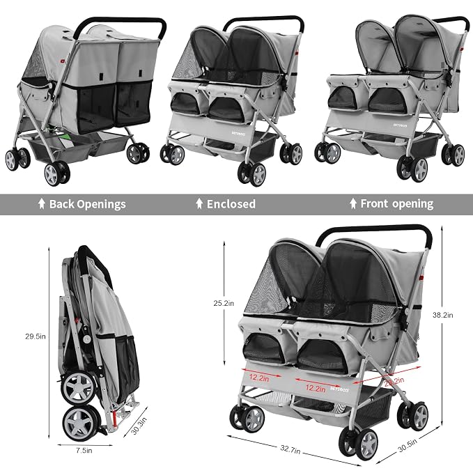 Double Pet Stroller for 2 Small Dogs & Cats, Side-by-Side Twin Travel Carriage with Safety Leashes, Mesh Windows & Double Storage Baskets, Lightweight & Foldable, 44lbs Capacity, Gray