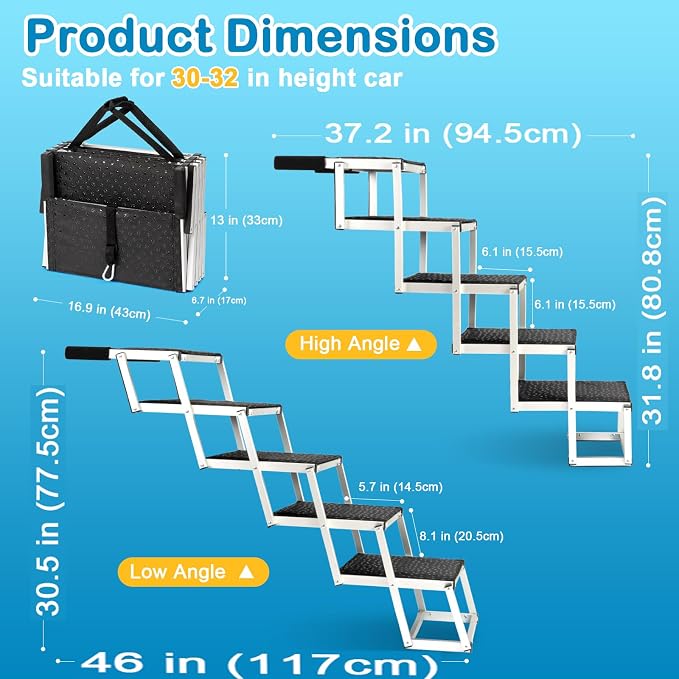 Uross Dog Stairs for Car 5 Steps - Collapsible Dog Steps Ramp for Car and SUV, Aluminum Pet Ramp Stairs for Large Dogs,Telescoping Ladder for Truck, High Bed