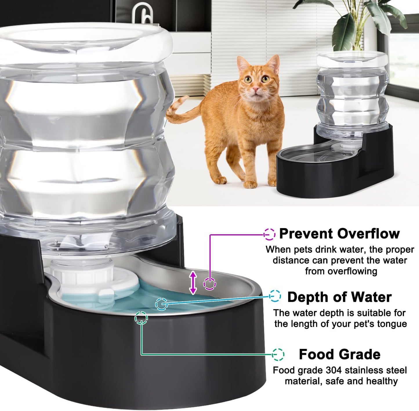 Sfozstra Automatic Gravity Dispenser for Cats: 4L Black Stainless Steel Water Bowl Feeder - Great for Family Homes and Outdoor Activities