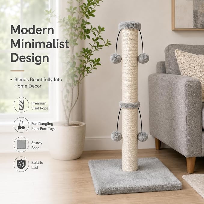 Dimaka 34'' Cat Scratching Post, Cat Scratching Post, Cat Scratcher for Large Cats with Teasing Toy Ball, Natural Sisal White and Grey (Grey)