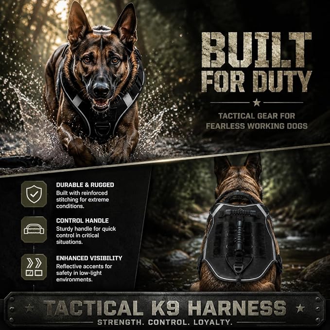 Tactical Dog Harness with Handles and Loop Panel,No Pull Tactical Dog Vest with Molle System, Adjustable Reflective Pet Vest for Walking Hiking Training Black L