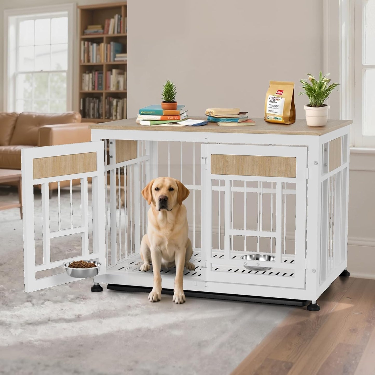 Dog Crate Furniture End Table, 38 Inch Hidden Kennel Cabinet with Removable Tray, Thickened Metal Frame Dog Cage, Dual-Purpose Pet House & Nightstand for Living Room