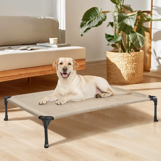 Veehoo Outdoor Elevated Dog Bed Large Sized Dogs, Cooling Raised Dog Cots | Off-ground training platform, portable camping hammock, breathable mesh, easy to clean, no-tool setup, 42"x30", Beige Coffee