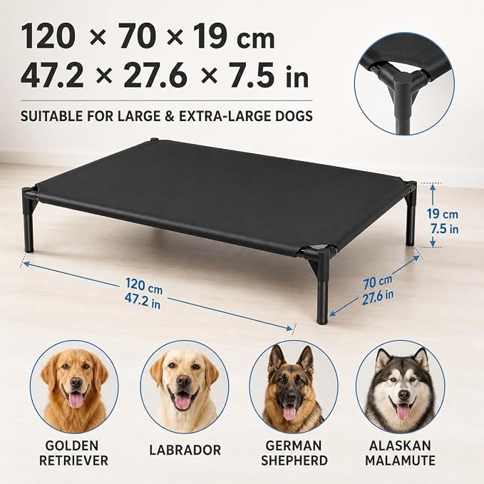 Elevated Dog Cot Bed,Cooling Raised Pet Bed with Washable Breathable Mesh Sturdy Metal Frame,Portable Raised Dog Bed with Anti-Slip Feet for Indoor Outdoor Backyard Use (47" X 27" X 7")