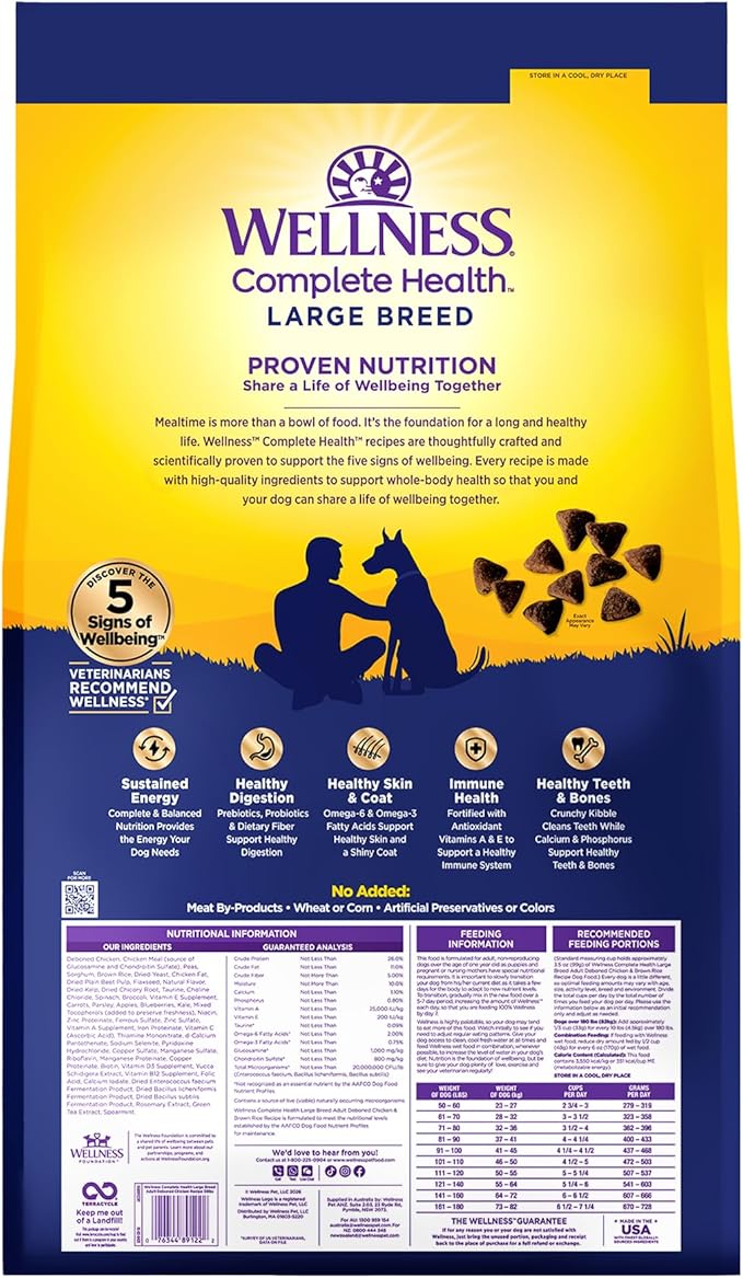 Wellness Complete Health Dry Dog Food, Large Breed, Wholesome Grains, Chicken & Brown Rice Recipe, (38-Pound Bag)