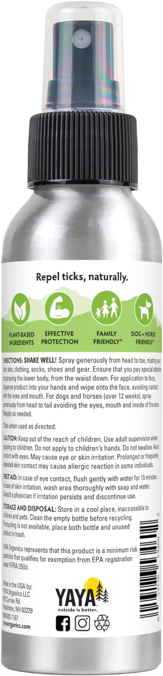 Yaya Organics Tick Ban DEET-Free Mist Spray - Made in USA - All Natural Extra Strength Tick Repellent Spray Made with Essential Oils - Safe for Kids & Dogs (4 Ounce, 2 Pack)