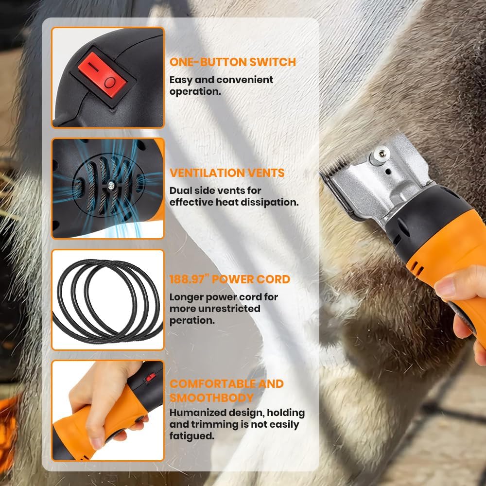 Horse Clippers Professional Electric horse Grooming Kit, Shaving Equine Clippers for Horses Goat Cattle Thick Coat Animals, 6 Speeds Large Heavy Duty Farm Livestock Haircut Trimmer (600W, 2 Blades)