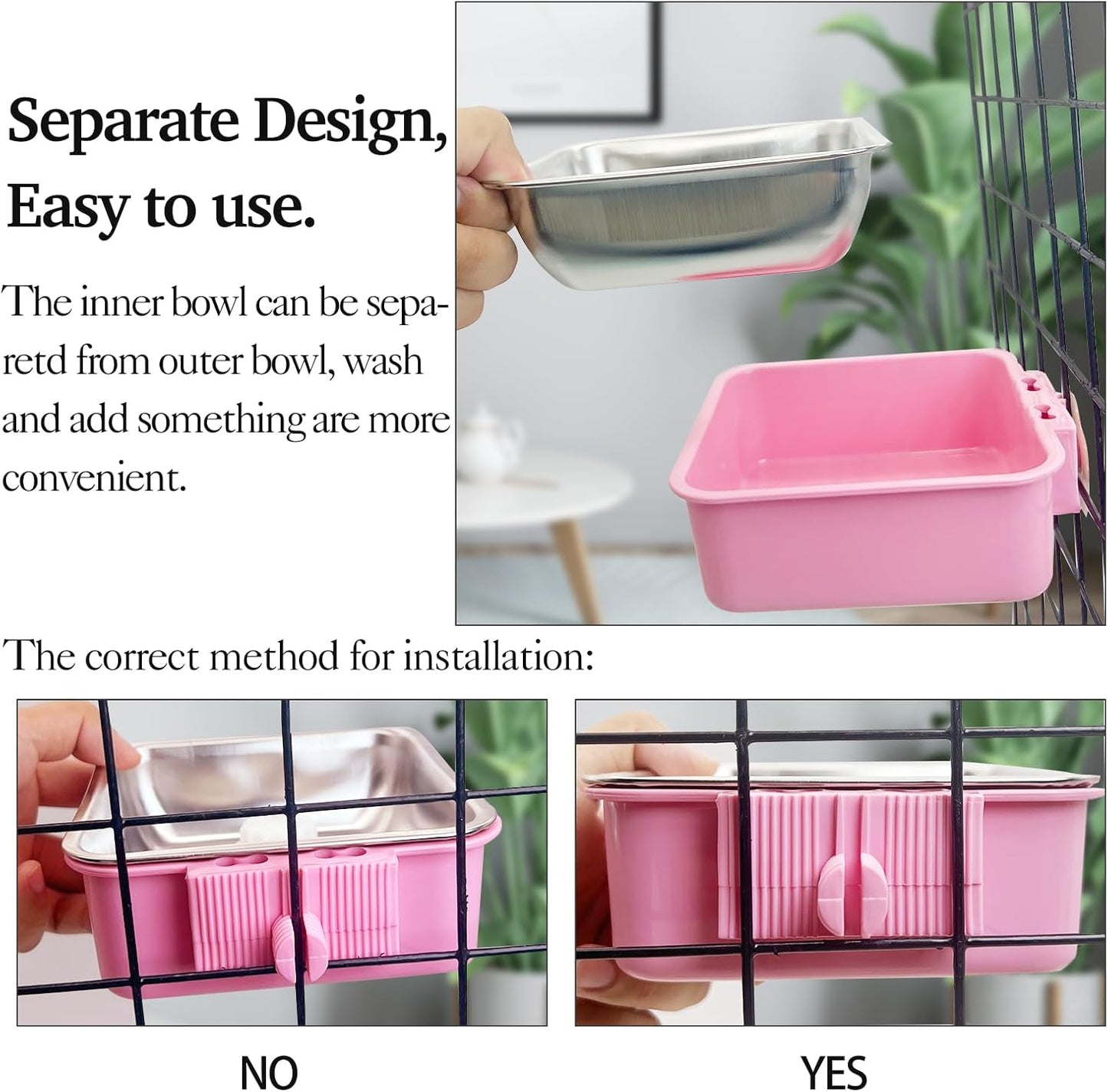 kathson Crate Dog Bowl, Removable Stainless Steel Hanging Pet Kennel Cage Bowl Food & Water Feeder Coop Cup for Puppy, Cat, Rabbit,Guinea Pigs 3pcs Square(Blue,Green,Pink)