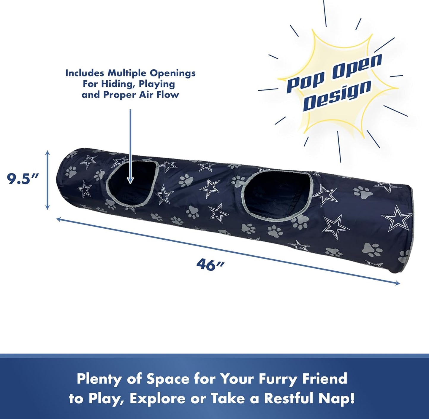 NFL Dallas Cowboys Cat Tunnel Tube Toy with Plush Football Catnip and Feathers Collapsible Tunnel for Cats to Play, Peek and Hide, Sporty & Fun Cat Tunnel Toy with Team Logo All-Over Design!