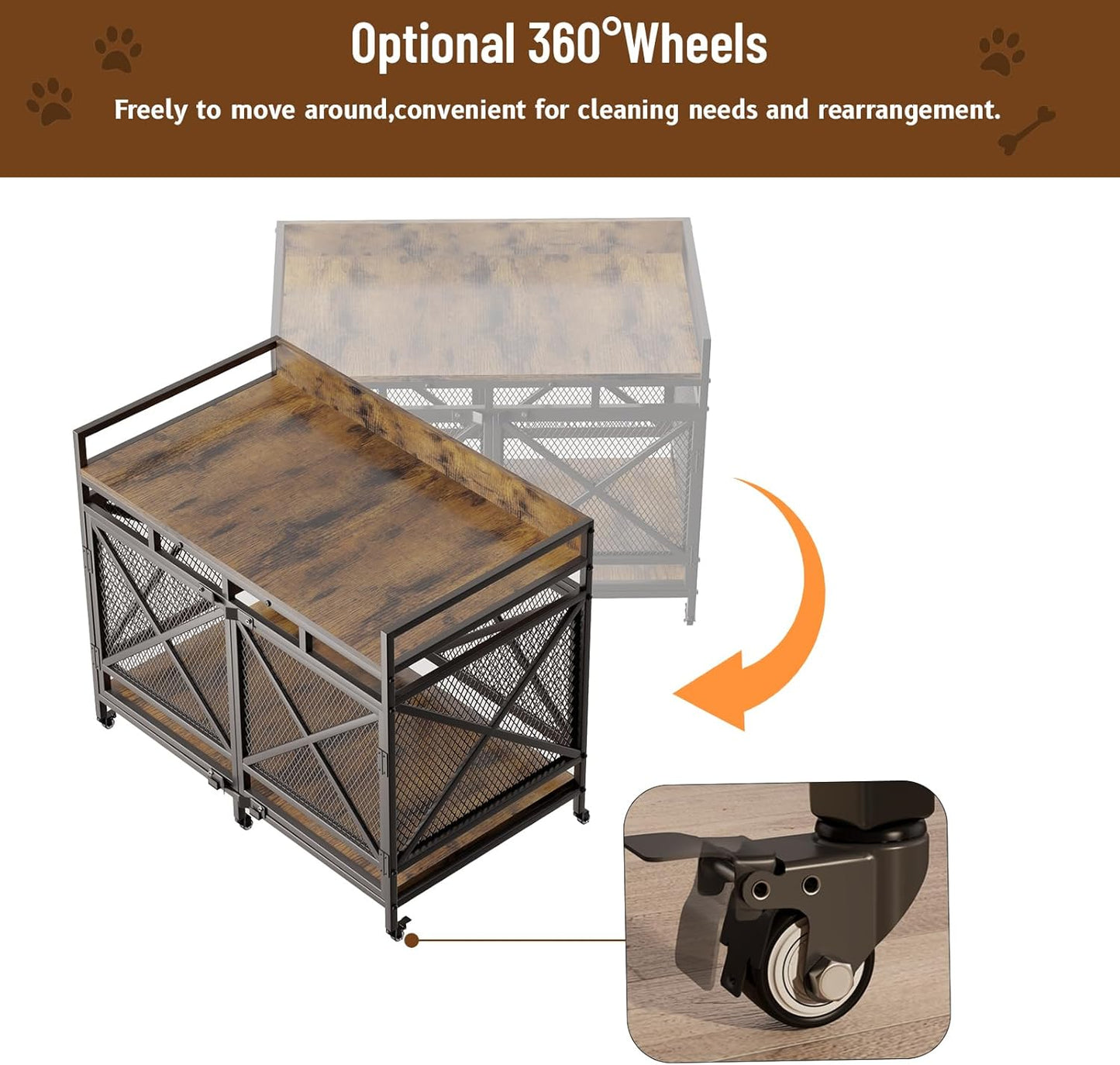 COZPAW Large Dog Crate Furniture, 48 Inch Wooden Dog Kennel for XLarge Dogs, Heavy Duty Dogs Furniture Indoor Wire Dog Cage with Caster Wheels, Decorative Pet House End Table, Brown