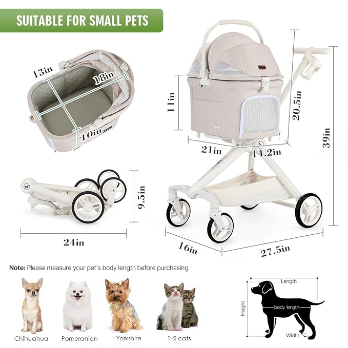 TT Pet Stroller for Small Dog & Cats (Beige) | Detachable Carrier, Aluminum Alloy Frame, Adjustable Handle, Easy Installation, One-Touch Brake, Larger Rear Wheels