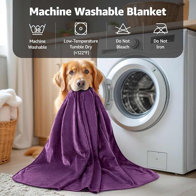 LOOBANI Waterproof Blanket for Queen Bed, Reversible Purple Flannel 80"x90" | Waterproof Dog Blankets for Large Dogs, Spill-Proof Couch Cover for Family Movie Nights, Camping, Travel, Noise Free