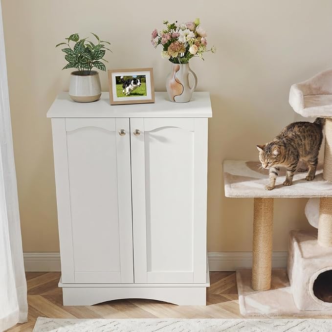 Hometis 23.5"(w) Dog Feeding Station with Storage, Dual Door Hung Storage, Hidden Feeding Bowls,(Off White)