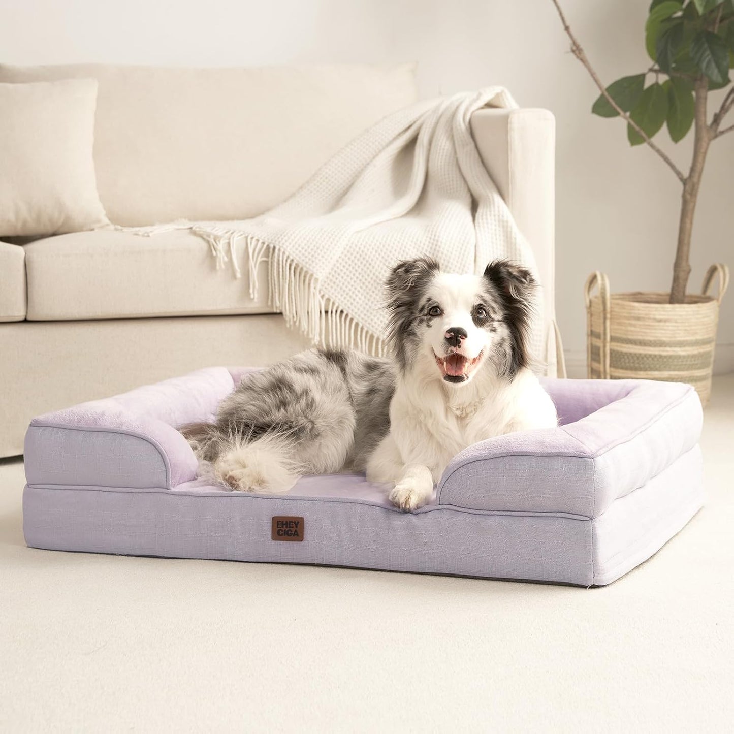 EHEYCIGA Orthopedic Dog Beds Large Sized Dog, Waterproof Memory Foam Pet Bed with Sides, Non-Slip Bottom Large Pet Bed with Washable Removable Cover, Lilac