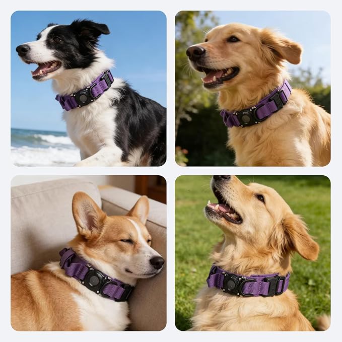 AirTag Dog Collar for Large Dogs Tactical Dog Collar with AirTag Holder | Upgrade Waterproof,Control Handle,Quick-Release Metal Buckle,1000D Nylon Fabric,Soft-Padded Webbing,Velcro Patch(Purple,XXL)