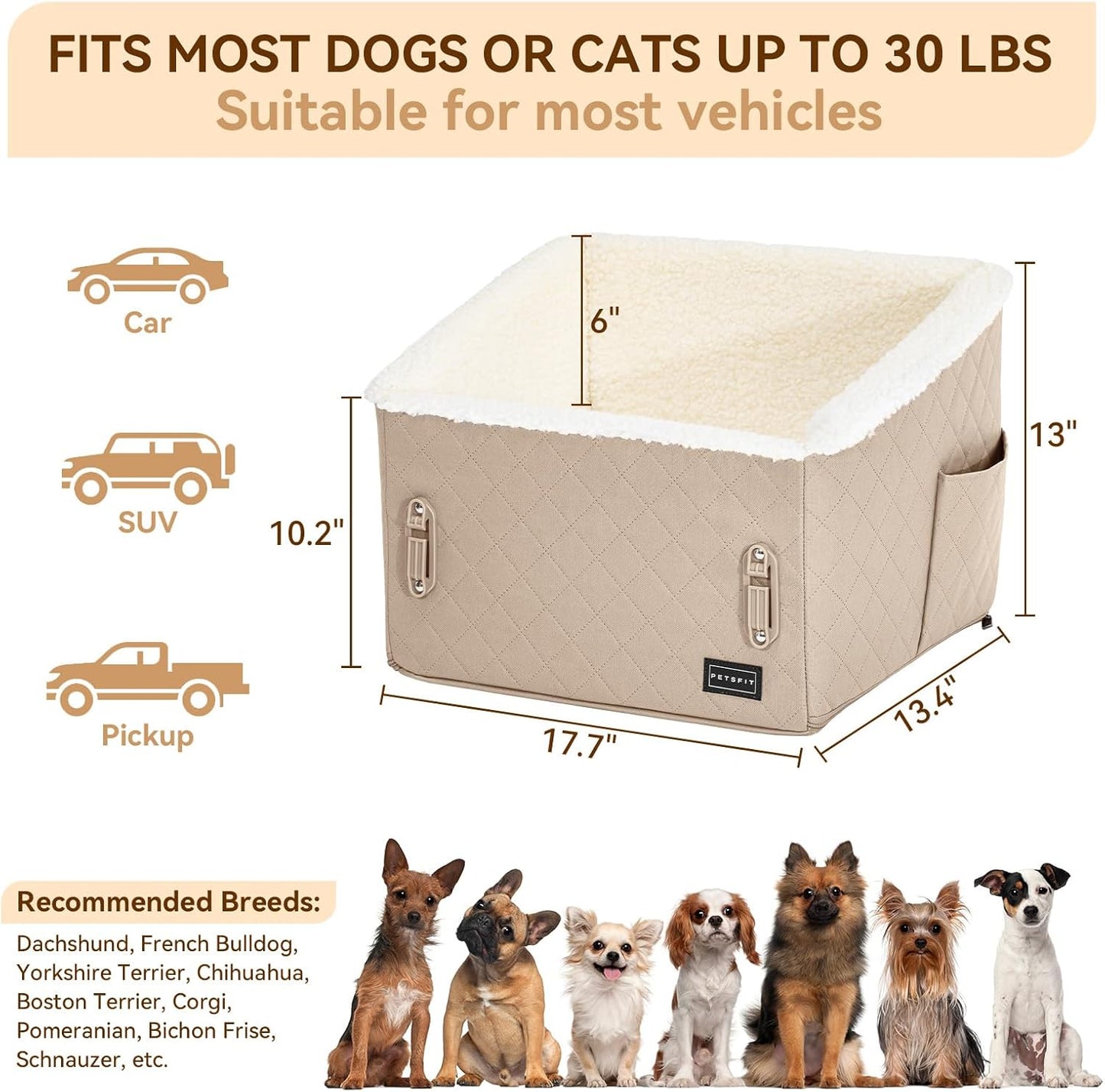 PETSFIT Small Dog Booster Car Seat, Soft Foam Puppy Carseat with Patented Safety Buckles, Storage Pockets and Detachable Clip-On Safety Leash, Dog Car Booster Seat for Medium Pet Under 30 LBS (Khaki)