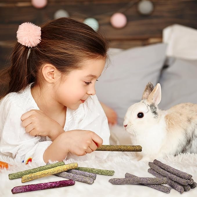 Jorewood 33 Pcs Rabbit Chew Sticks, Rabbit, Guinea Pig Toys, Natural Timothy Grass Molar Teeth Stick, Mixing Natural Flowers Chewing Toy, Small Animals Treats