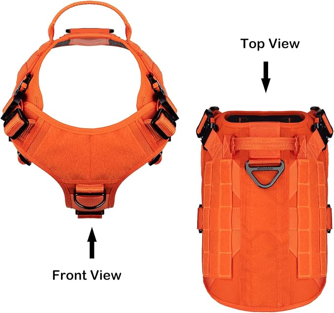 ICEFANG Tactical Dog Harness for X-Large Dogs,Full Metal Buckles Dog Vest | with MOLLE, Reflective,Adjustable,2 Leash Clips,Control Handle,No Pull,Soft Padded,Orange,X-Large