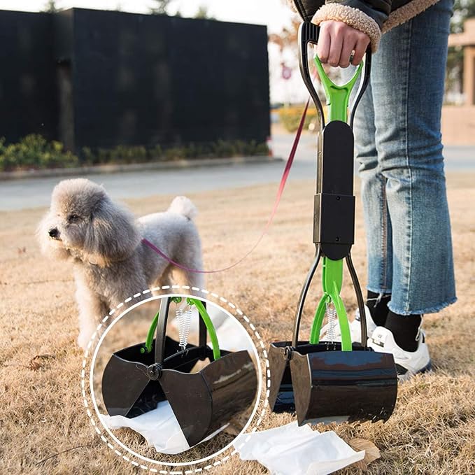24 Inch Portable Dog Pooper Scooper for Large Small Dogs | Foldable Dog Poop Scoop with Waste Bag Dispenser & 30 Bags, Grass Friendly, Plastic, Grass Friendly, Easy to Use Lever