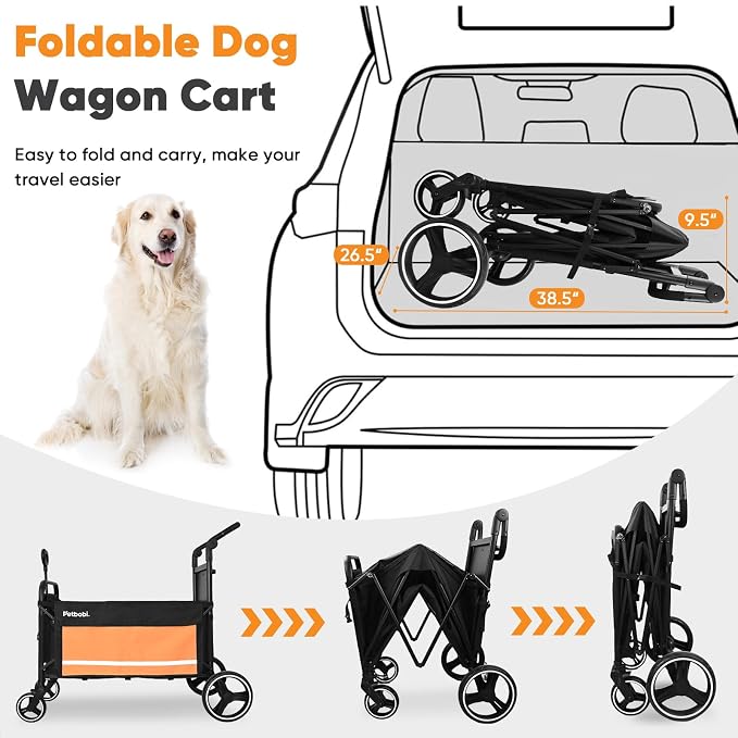 Petbobi Dog Wagon for Large Dogs, Push & Pull Foldable Pet Cart with Ramp | Fits Medium & Heavy Breeds Up to 80 lbs, 360° Swivel Stroller Wheels, Adjustable Handle, Foot Brake, Safety Leashes, Orange