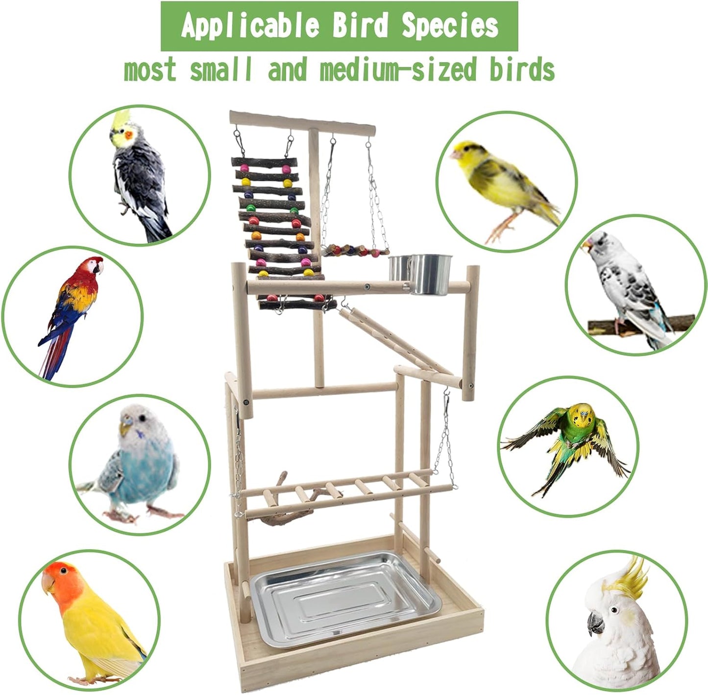 Hamiledyi 4 Layers Large Bird Playground 32" H Pet Parrot Playstand Gym Perch Wood Playpen for Parakeets Lovebirds Conure Cockatiel Cockatoos Finch Budgies or Other Small and Medium Sized Birds