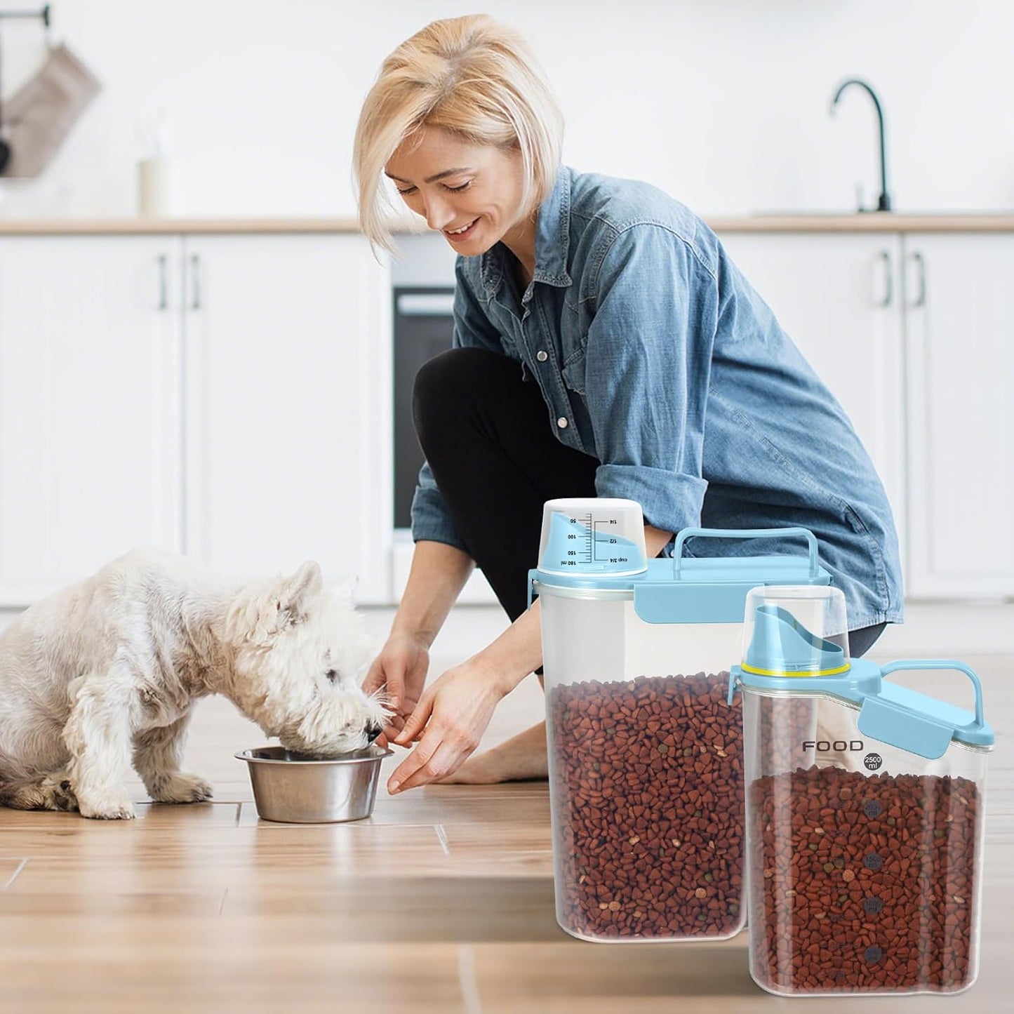 Dog Food Storage Container, Upgraded Large Nozzle BPA-free, 8-12 LBS Plastic Pet Food Storage Containers, With 4 Sealed Clasps, 1 Measuring Cup and Handle (2, Natural Blue (3L+5L), (3L+5L))